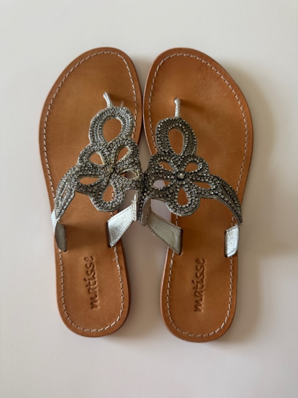 Matisse Silver Beaded Floral Thong Sandals - Tan Footbed